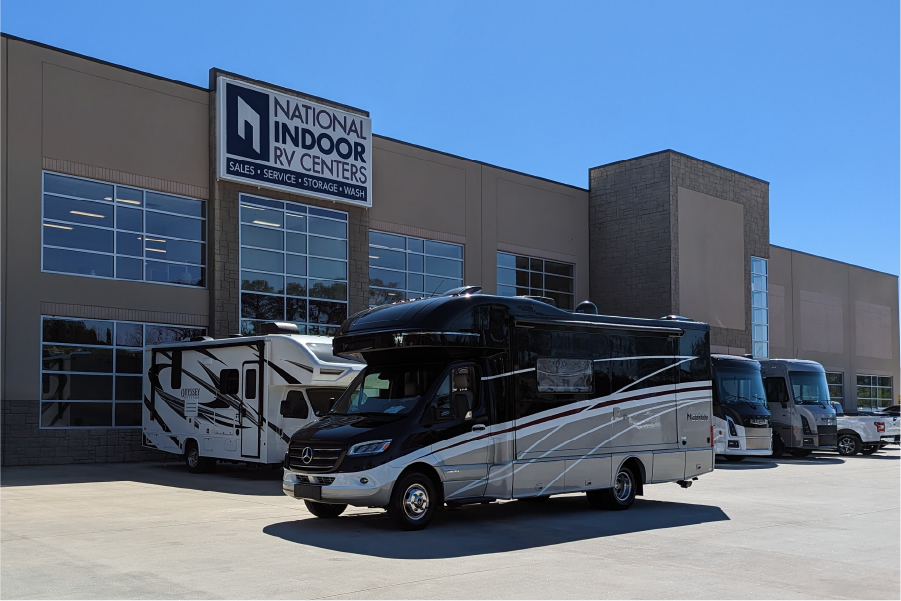 RVs parked in front of National Indoor RV centers Atlanta dealership.